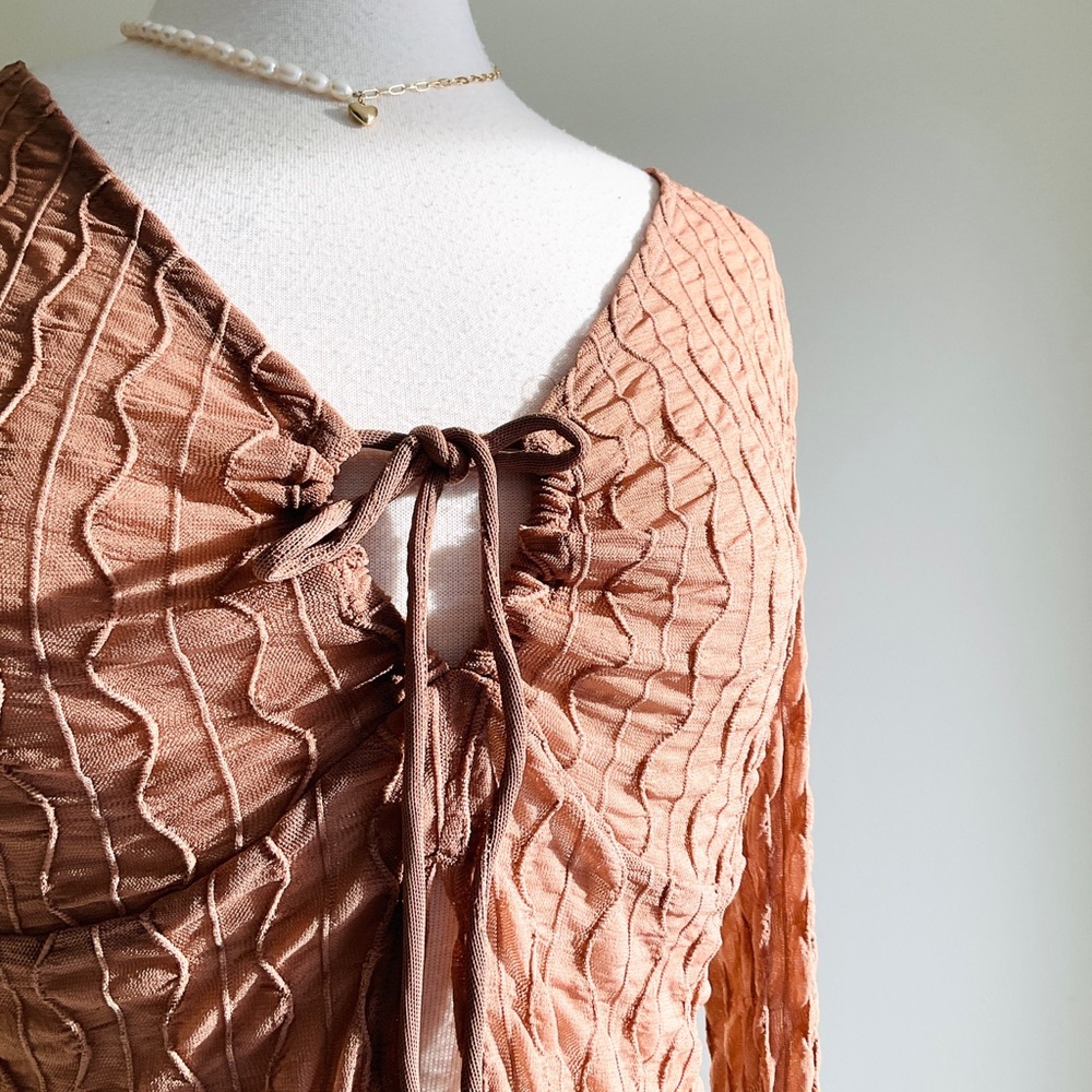 Textured Lace-Up Long Sleeve Top in Rust